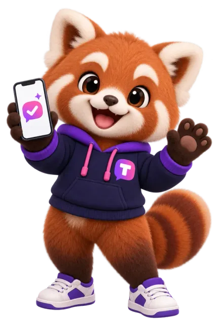 Tilly the red panda mascot waving and holding a phone with a notification