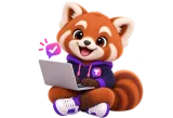 Tilly the red panda mascot typing on a laptop