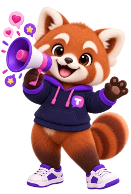 Tilly the red panda cheering into a megaphone